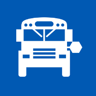 white school bus icon against blue background