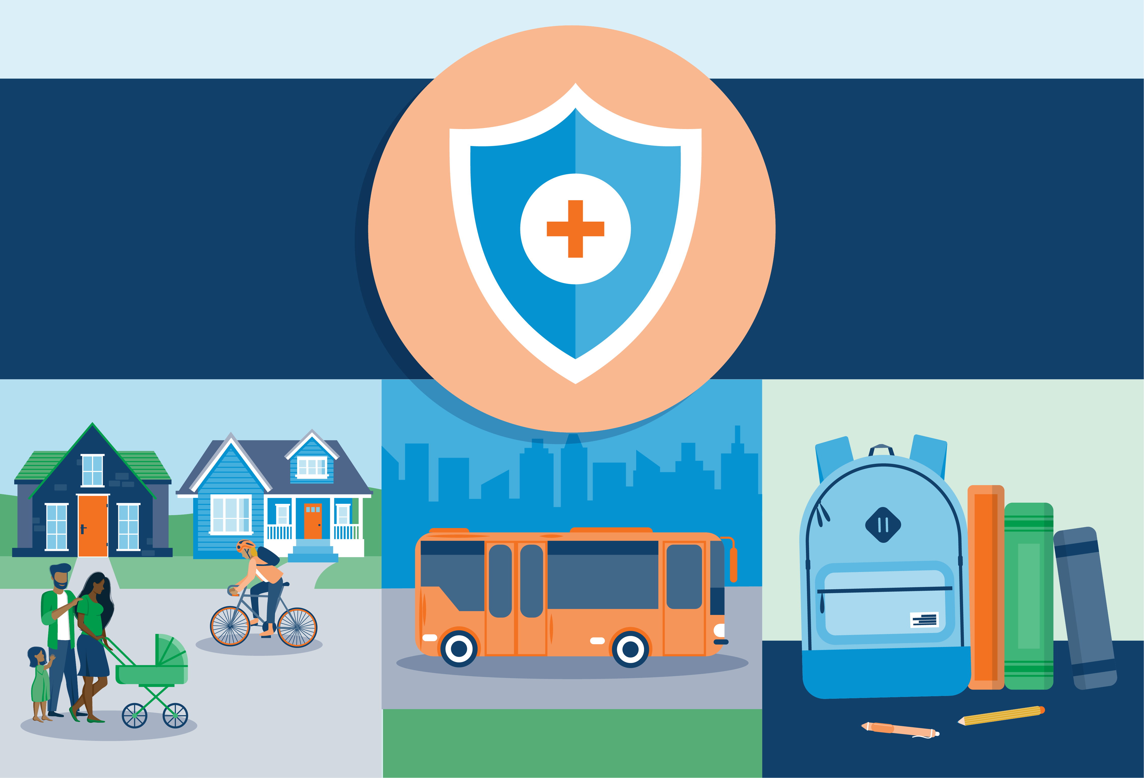people walking in a neighborhood, bus and backpack with textbooks
