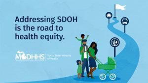 Addressing SDOH is the road to health equity. Twitter Post