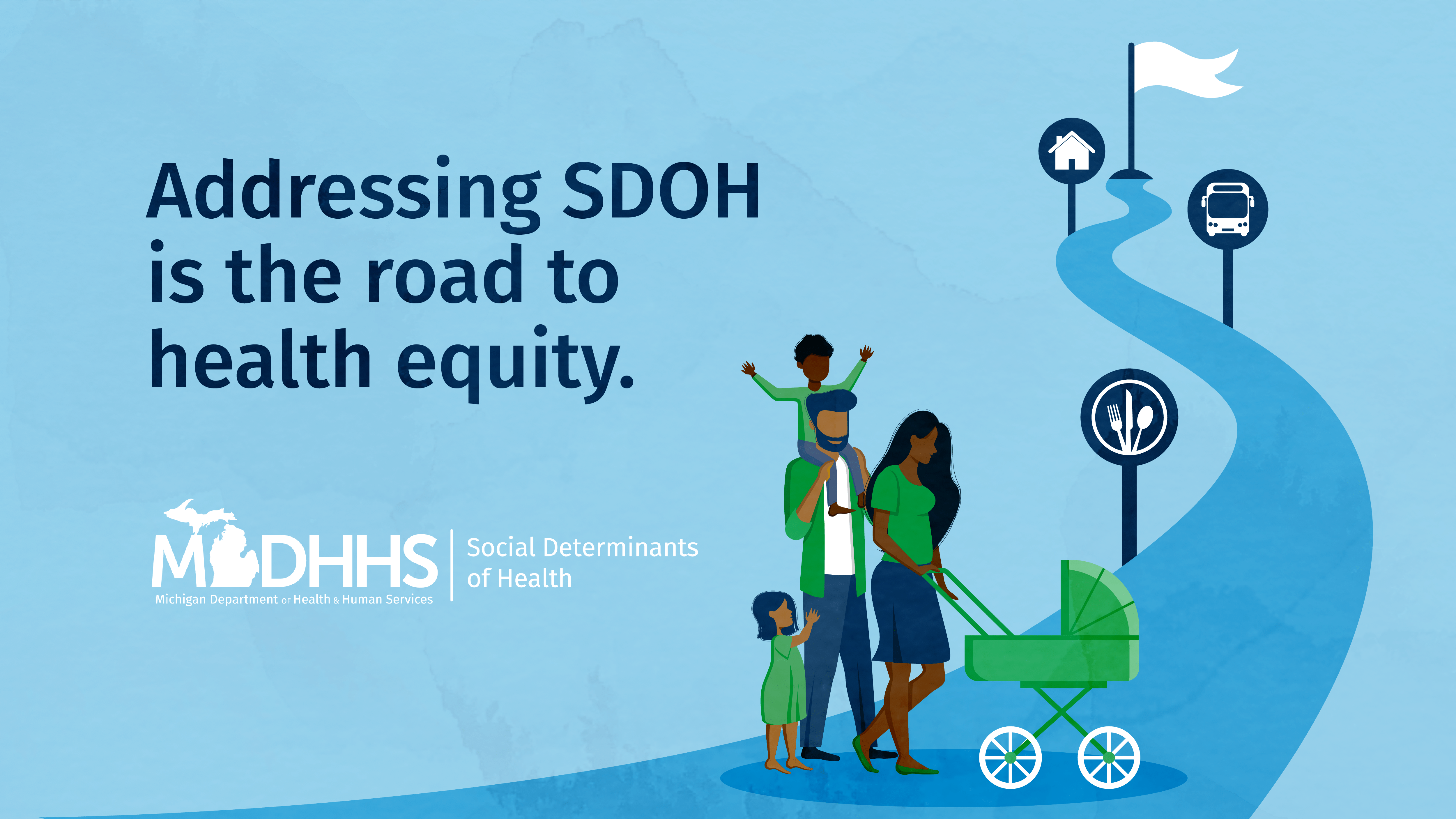 Addressing SDOH is the road to health equity. Twitter Post
