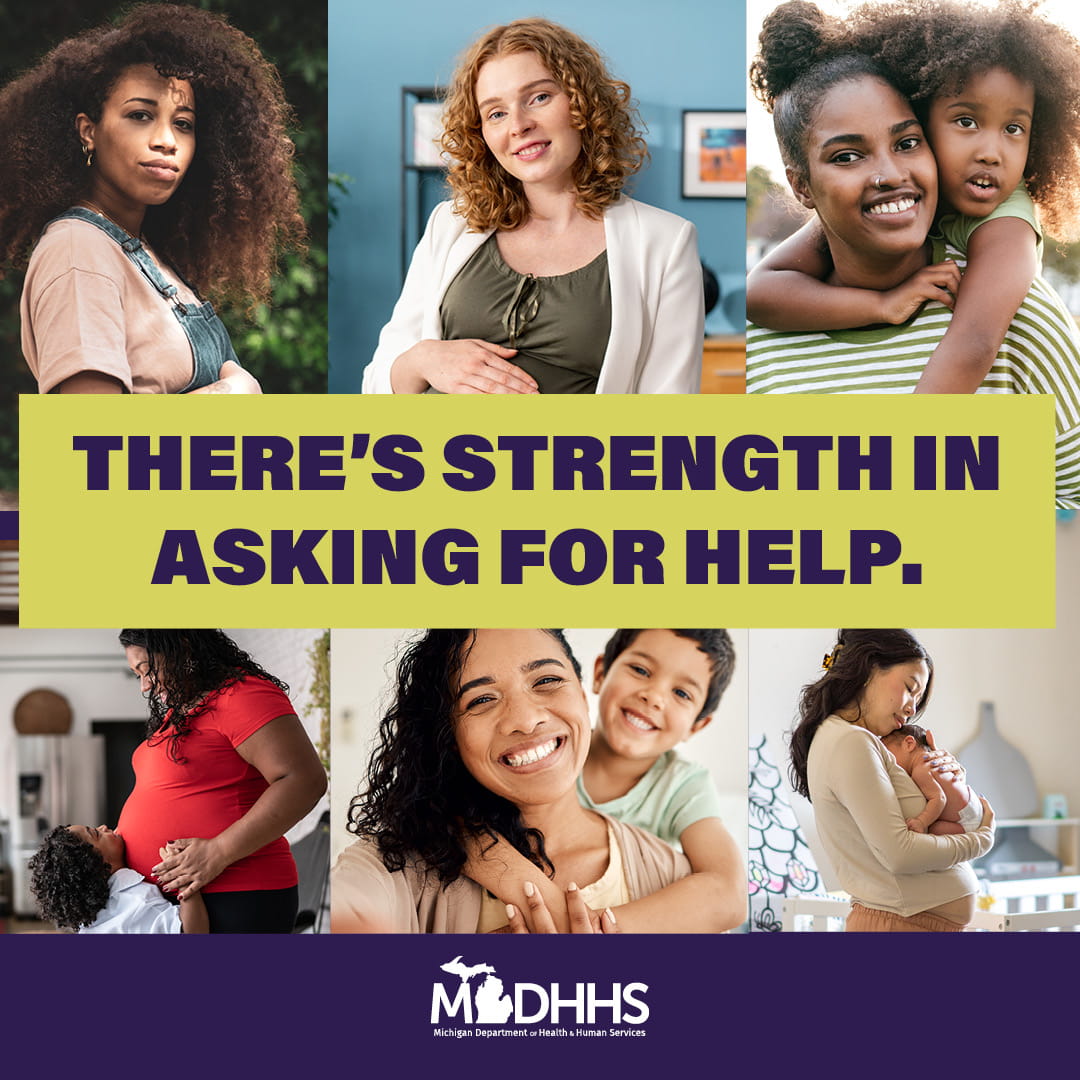 Strong for you campaign graphic with images of multiple pregnant women. "There's strength in asking for help." 