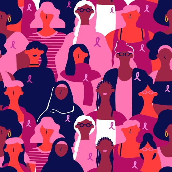 colored vector showing large, multi-ethnic group of women wearing awareness ribbons