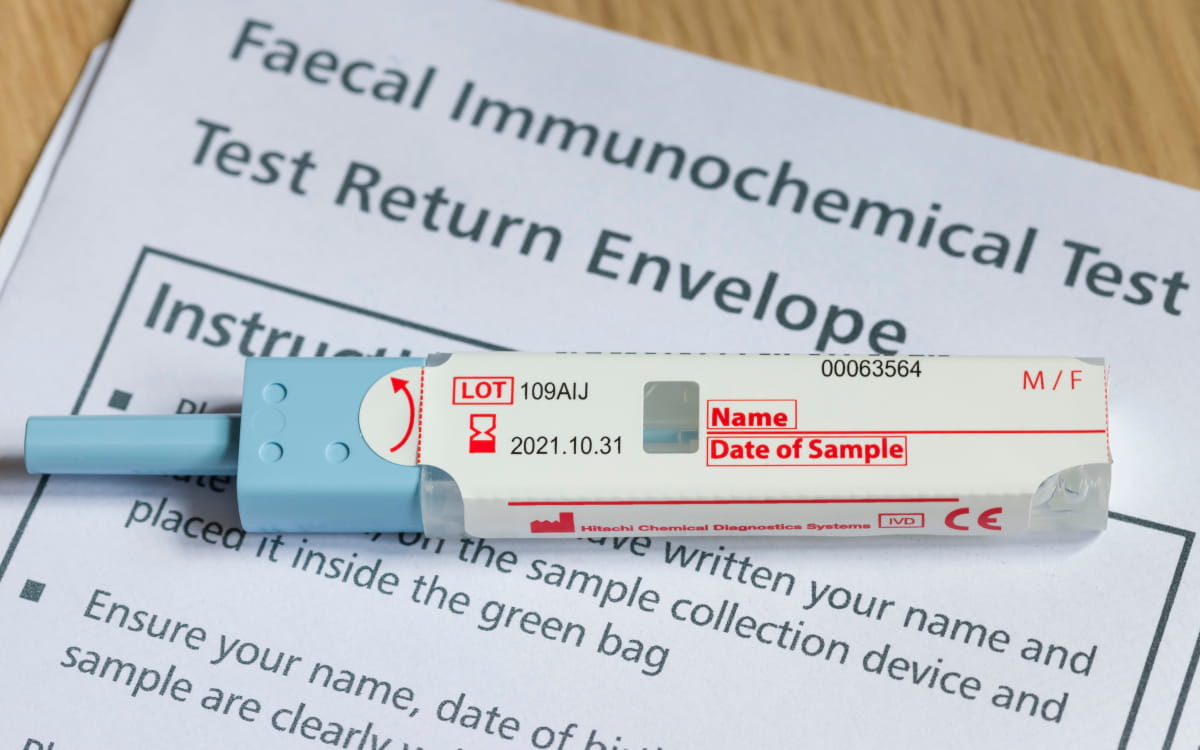 Closeup of an FIT (fecal immunochemical test), a fecal occult blood test used to screen for colorectal cancer