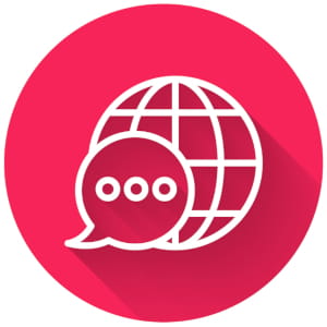 vector illustration of world globe overlaid with speech bubble icon, all contained in a red circle button, flipped right to left