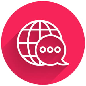 vector illustration of world globe overlaid with speech bubble icon, all contained in a red circle button