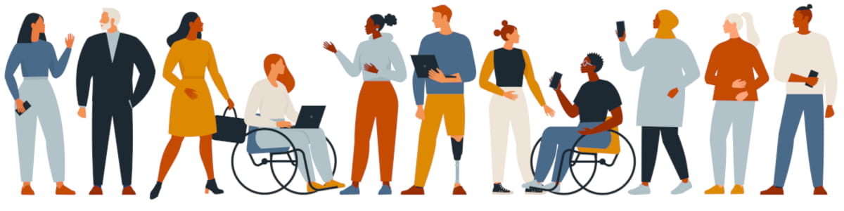 colored illustration showing a line of racially and ethnically diverse group of men and women, some able-bodied, some wheelchair users, some amputees, etc.
