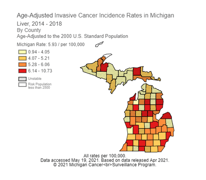 Map of Age-Adjusted Invasive Cancer Incidence Rates in Michigan, Liver, 2014-2018, By County 