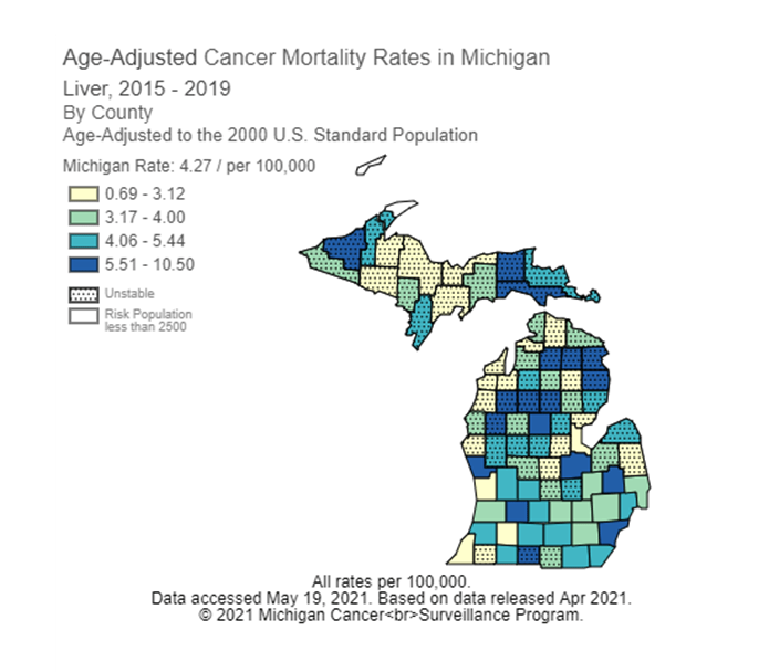 Map of Age-Adjusted Cancer Mortality Rates in Michigan, Liver, 2015-2019, By County 
