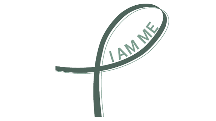 Dark gray-green, looped awareness ribbon with words "I am me" included inside the loop