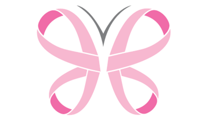 Two pink awareness ribbons folded and looped to create the wings of a stylized butterfly with dark green antennae