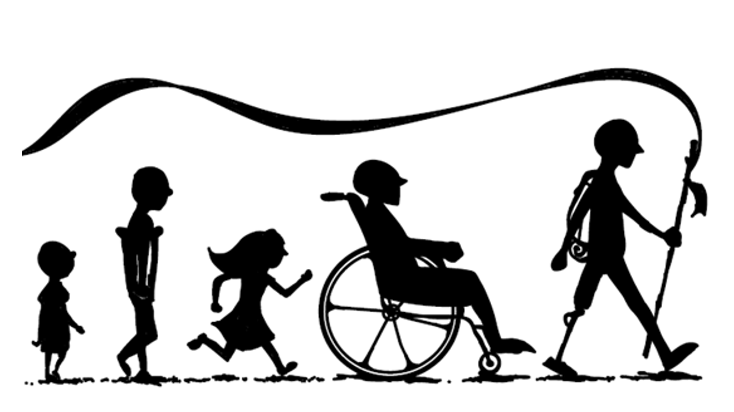 illustration showing line of individuals moving forward using a range of mobilities, starting at left with young boy walking and progressing to teenager walking to young girl running to adult using wheelchair to adult with prosthetic right leg wearing backpack and using walking stick