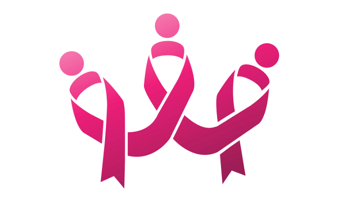 three dark pink awareness ribbons looped to signify three bodies, each leading into the next and each with a closed pink circle for a head