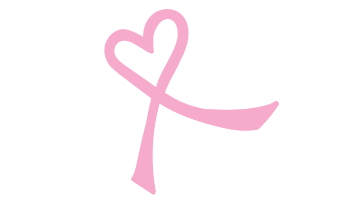 pink awareness ribbon folded and looped to look like a heart with two longer ends extending from it