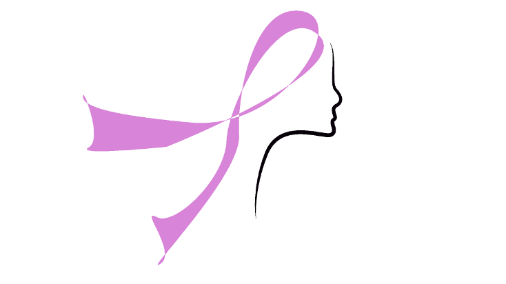 black line drawing showing woman's profile wearing a head scarf drawn out of a lavender awareness ribbon