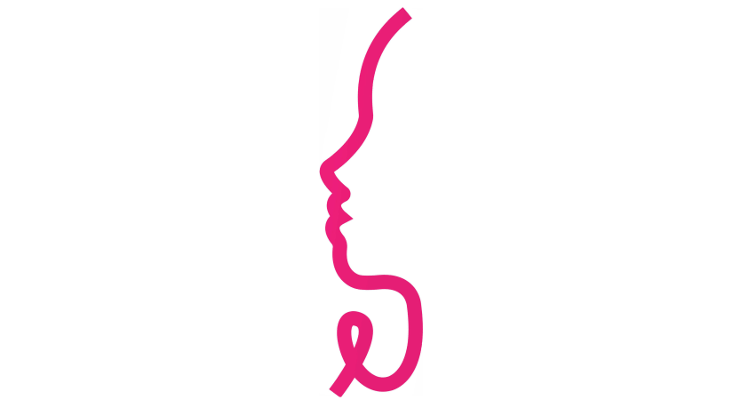 stylized drawing showing a dark pink awareness ribbon that is folded and looped to create a woman's face