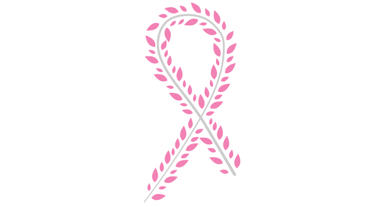 Multiple pink leaves arranged along a central green stem to create one large pink cancer awareness ribbon