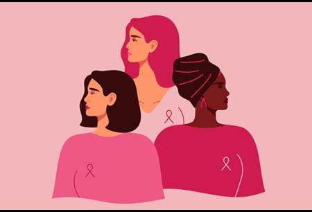 Seven cartoon women of different skin tones and ethnicities smiling together