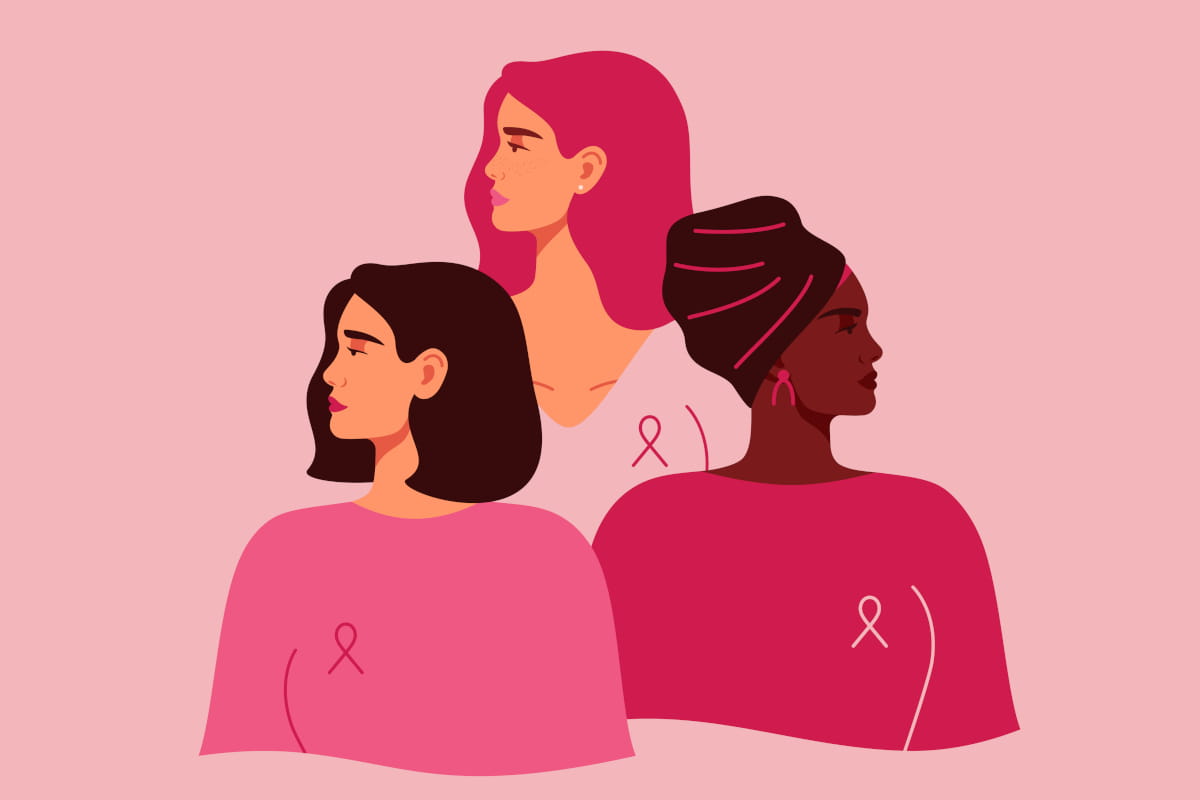 vector image depicting a group of three women of different nationalities, each wearing a pink awareness ribbon and shown from the waist up