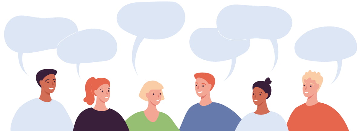 Colored illustration of a group of multi-ethnically diverse men and women talking with empty speech bubbles drawn above their heads