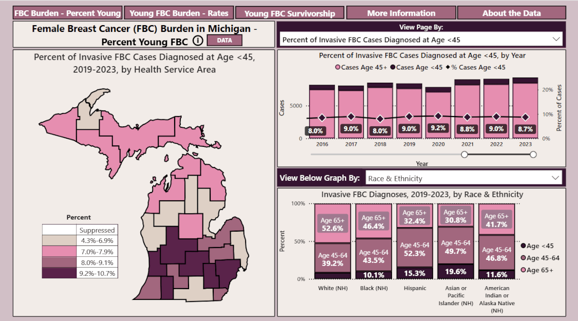 thumbnail image of opening page of Michigan Young Female Breast Cancer Dashboard