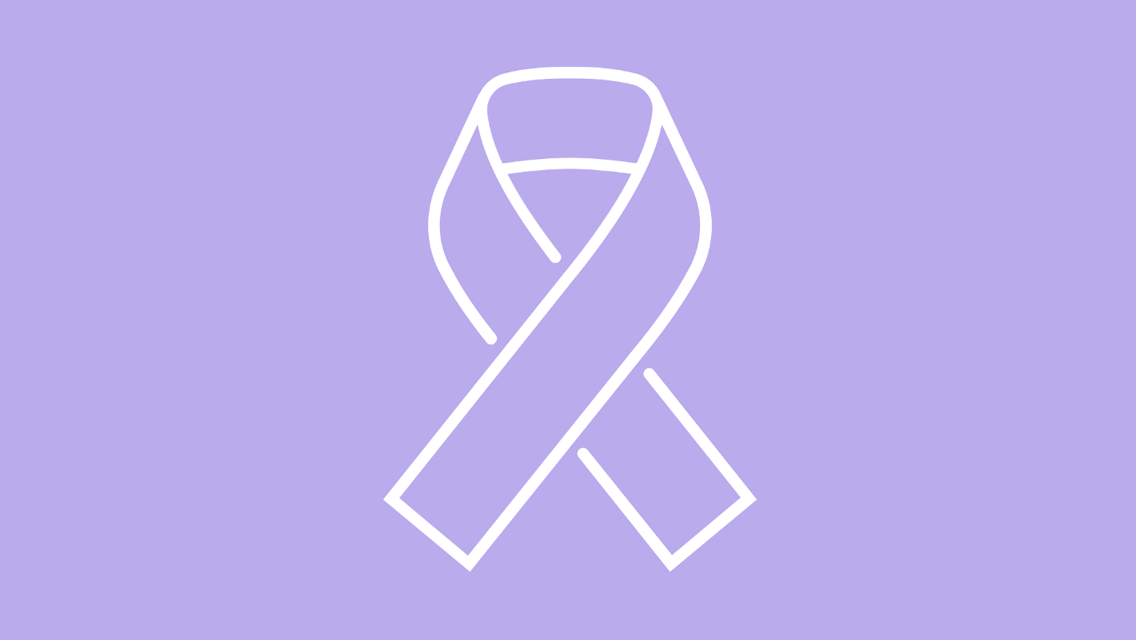 white-outlined lavender ribbon against lavender background symbolizing cancer awareness
