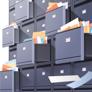artwork showing bank of grey file cabinets with some drawers open