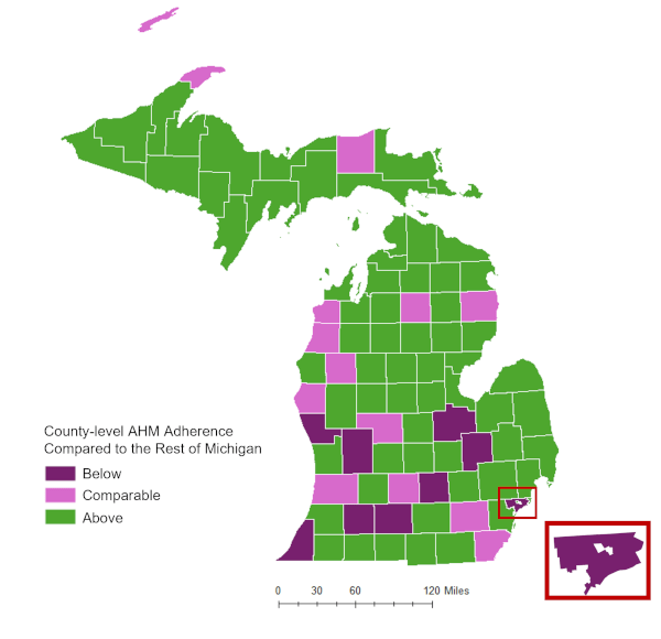 Michigan map showing county-level antihypertensive medication adherence among adult Medicaid beneficiaries as compared with the rest of Michigan
