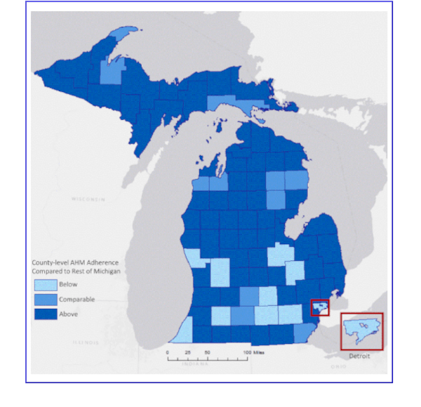 Michigan map showing antihypertensive medication adherence by county among Medicaid adults, 2016-2018 combined