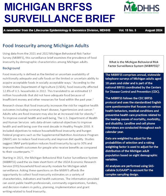 first page of Food Insecurity among Michigan Adults - Michigan BRFSS Surveillance Brief