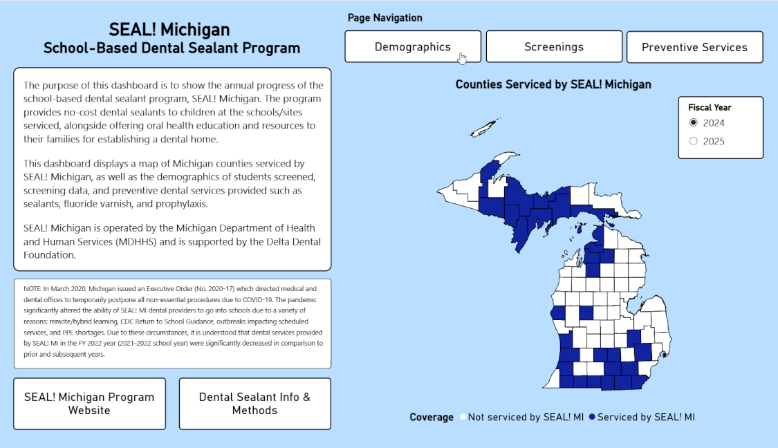 Screenshot of first page of Michigan Oral Health Dashboard: SEAL! (School-Based Dental Sealant Program) Michigan Annual Trends