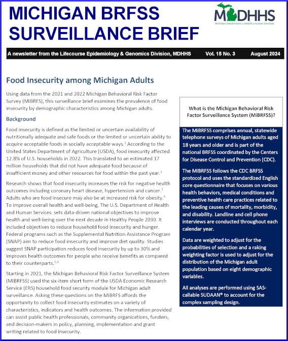 first page of Food Insecurity among Michigan Adults - Michigan BRFSS Surveillance Brief