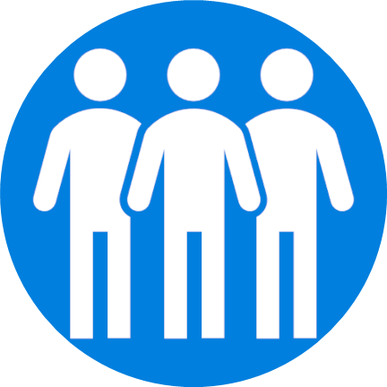 white outline of three standing figures, shown against blue background