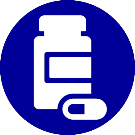 white outline of pill bottle and pill, shown against dark blue background
