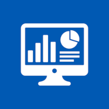 white outline of computer monitor showing both vertical and horizontal bar graphs and pie chart on blue background