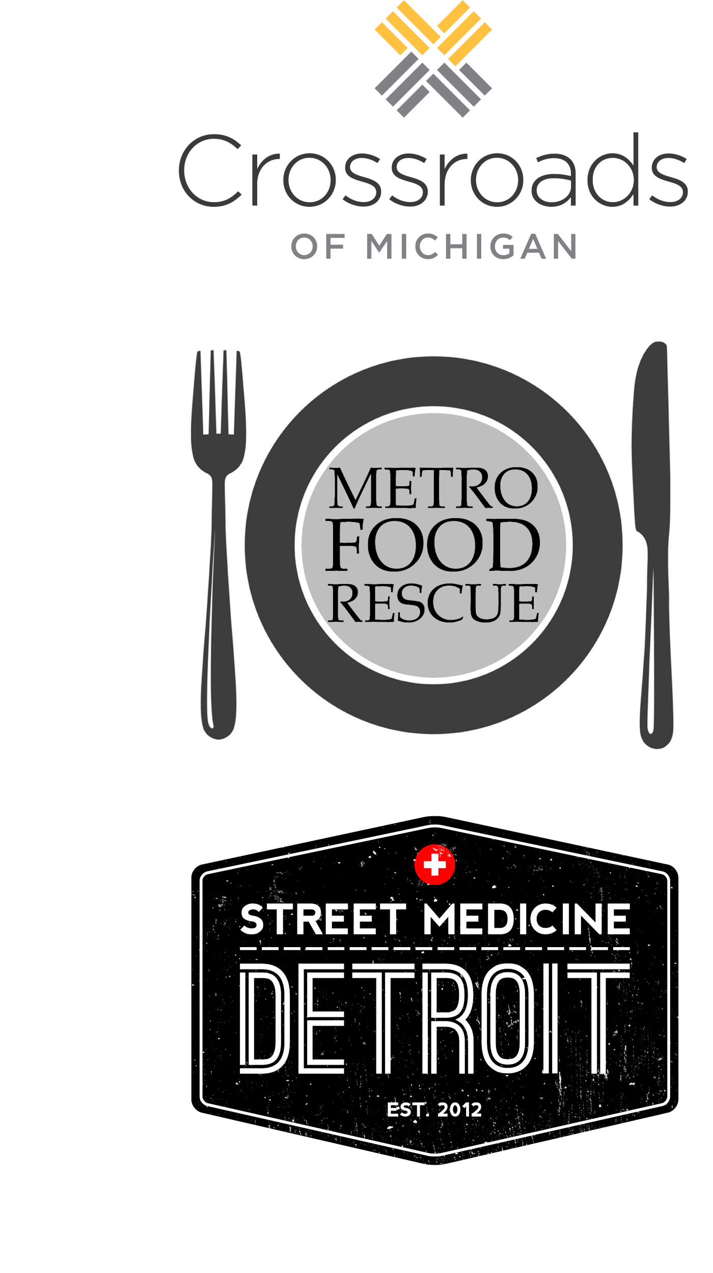 Crossroads of Michigan, Metro Food Rescue, and Street Medicine Detroit logos