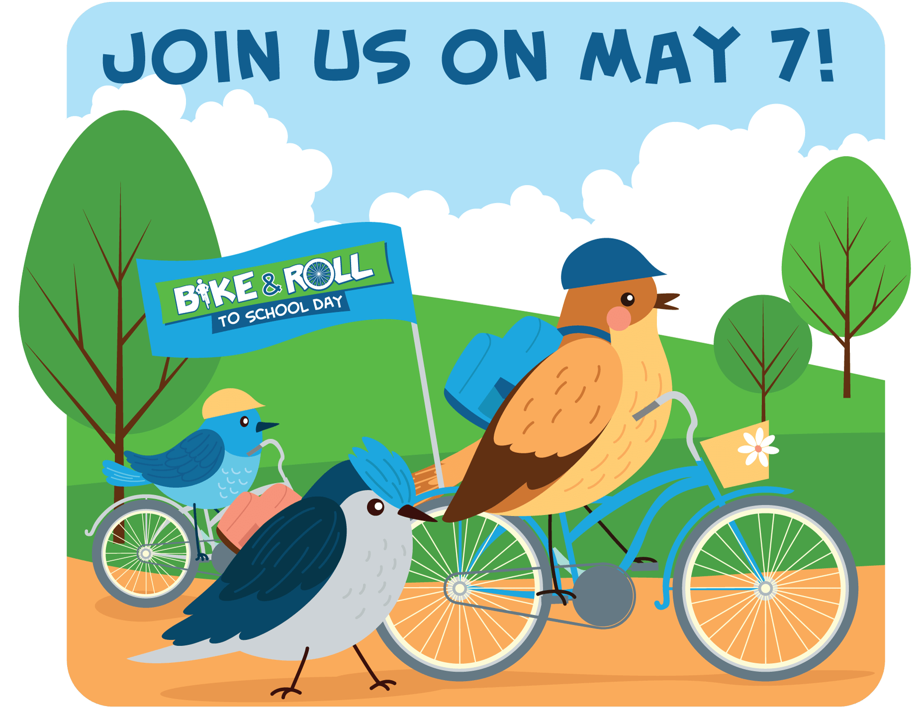 Graphic showing two birds biking and one bird walking and words 