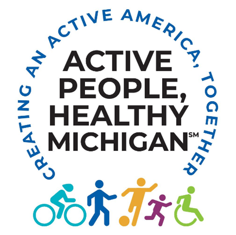 Active People, Healthy Michigan logo showing figures biking, walking, kicking a ball, running, and rolling forward in a wheelchair. The words 