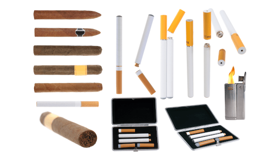 An assortment of cigarettes, cigars, and other tobacco products
