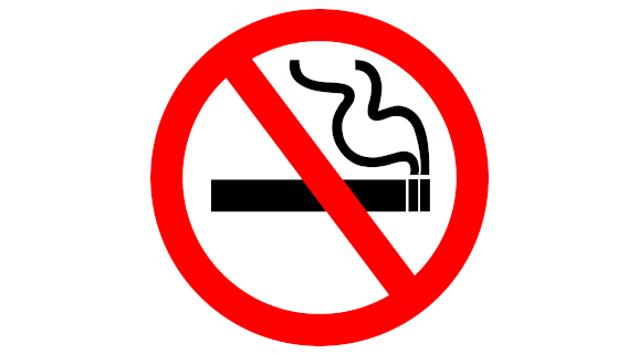 Drawing of a burning cigarette with a red circle and cross over top of it, indicating no smoking.