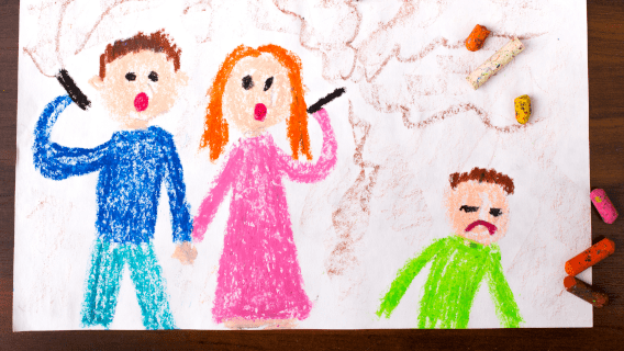 Child's drawing of two smoking adults and an unhappy looking child