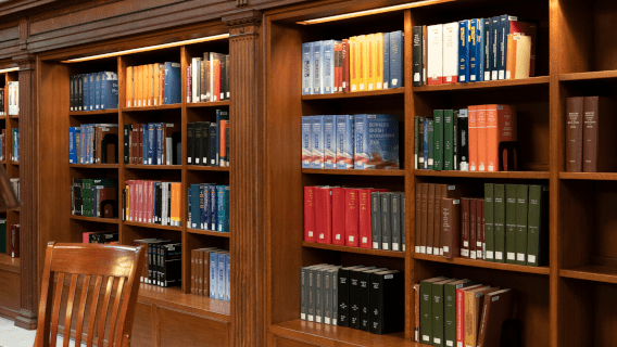 Books on library shelves