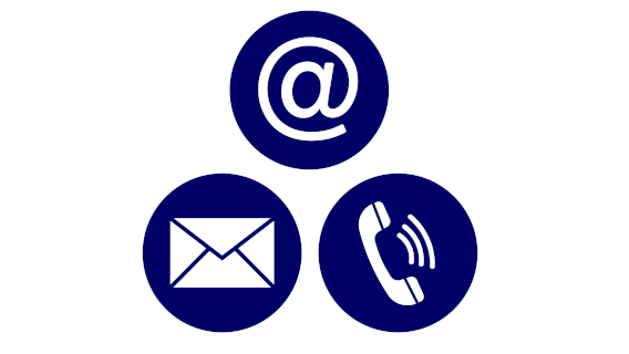 @ icon representing email, envelope icon representing postal mail, and telephone icon representing phone call