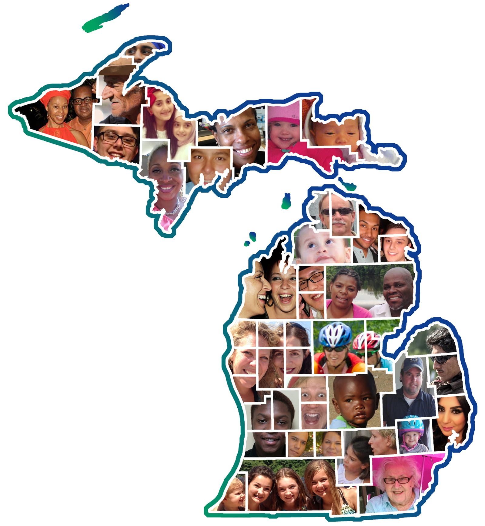Map of Michigan with embedded images of diverse populations