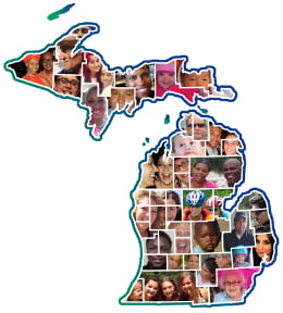 Map of Michigan filled with many small photos of people of all different ages and races/ethnicities 
