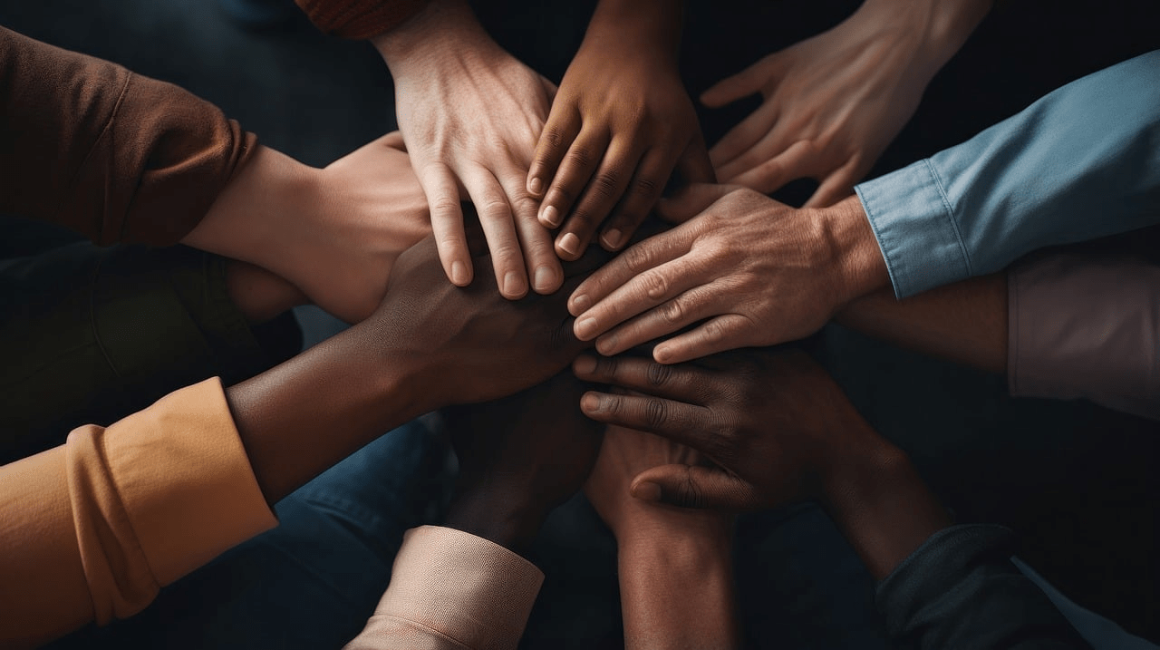 circle of wrists and hands created from nine arms of varying skin tones