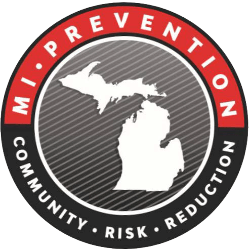 State of Michigan map surrounded by circle outline. Top half of circle outline is red with words "MI Prevention" in white. Bottom half of circle outline is black with words "Community. Risk. Reduction" in white.