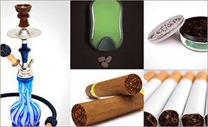 Assorted tobacco products, including a hookah, dissolvable tobacco tablets, cigars, chewing tobacco, and cigarettes