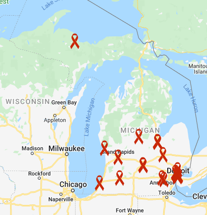 Map of Michigan showing locations of HIV/AIDS service organizations funded through the PLWH Tobacco Use Reduction Project 