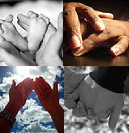 grouping showing four close-up photos of hands (hands holding baby's feet, one hand resting on another, hands held together against backdrop of sky, two people holding hands)