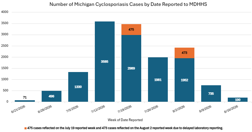This graph shows the cyclosporiasis cases reported to MDHHS from June 22, 2026, through 9:30 a.m. August 20, 2026. Noting July 19 and  August 2 inflated cases.